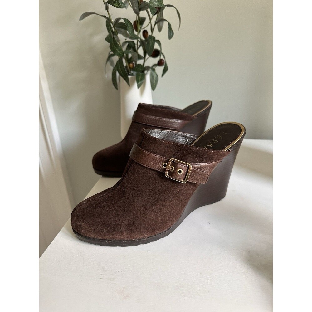 Ralph Lauren Yeva Brown Leather Suede 4" Wedge Slip On Mules-Size 8